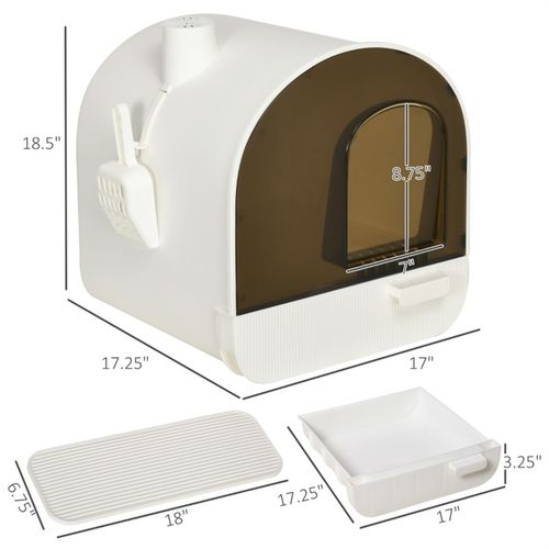 Cat Litter Box Kitten Litter Tray w/Hood, Scoop, Filter, Flap Door, 43 x 44 x 47cm - White
