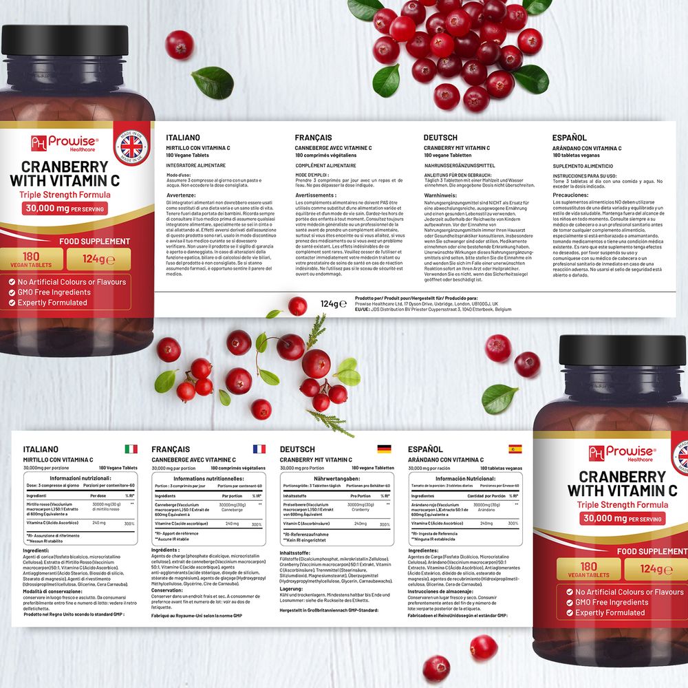 Triple Strength Cranberry 30,000mg + Vitamin C I 180 Vegan Tablets, Immune Support