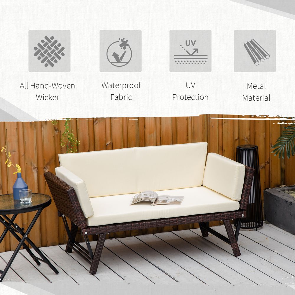 2-Seater Rattan Sofa Daybed - Convertible, Brown - Outdoor Furniture