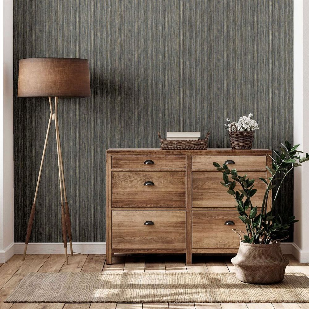 Japandi Grasscloth Navy Gold Wallpaper - Elegant Design