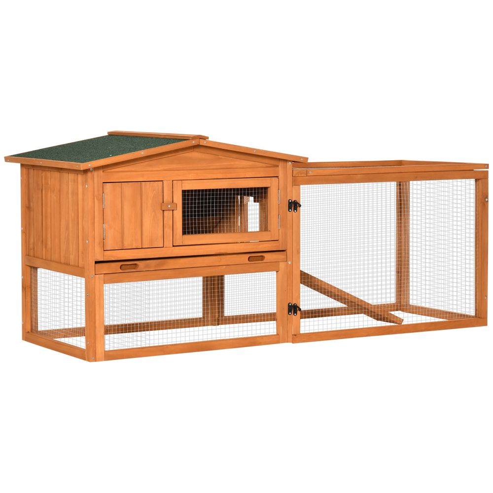 Rabbit Hutch with Run Wooden Guinea Hutch Outdoor Bunny Cage Hide House with Sliding Tray, Hay Rack, Ramp, 156 x 58 x 68cm, Orange