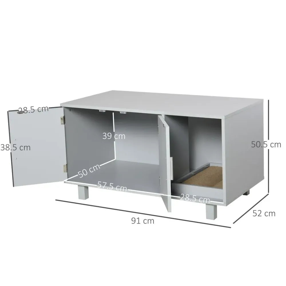 Stylish Grey Cat Box Furniture w/ Scratch, Magnetic Doors - Multipurpose Kitty Enclosure, Easy to Clean - !