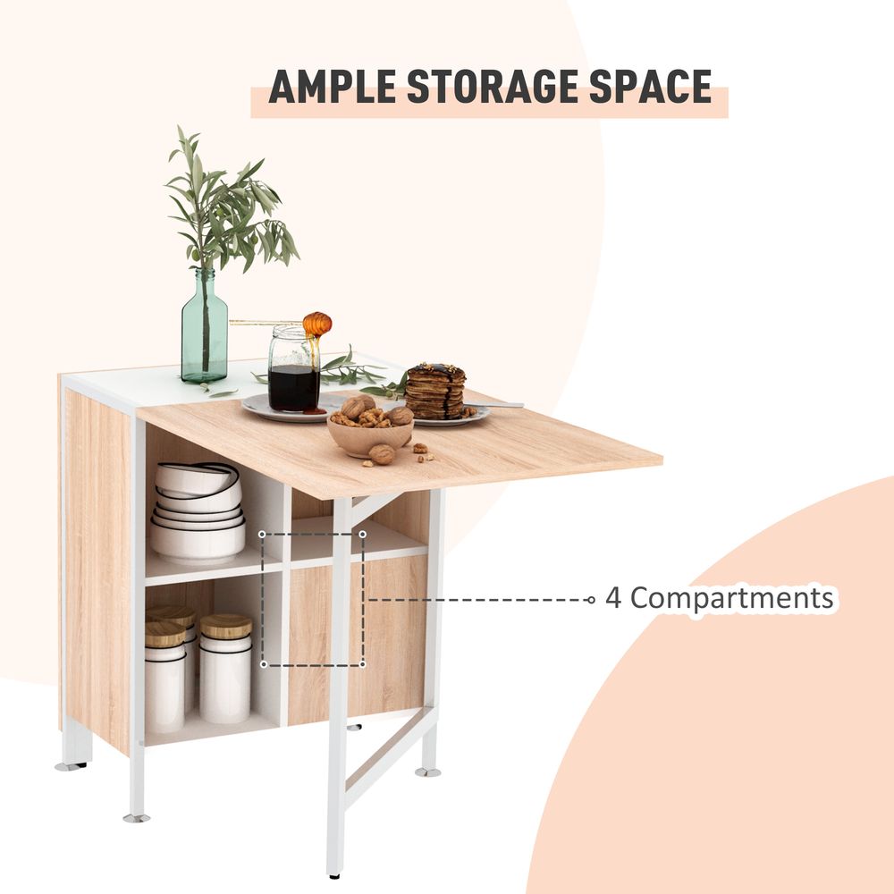 Foldable Drop Leaf Dining Table Folding Workstation for Small Space with Storage Shelves Cubes Oak & White
