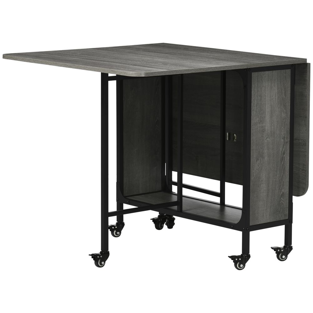 Mobile Drop Leaf Table Folding Kitchen Table Extendable Dining Table For Small Spaces With 6 Wheels & Storage Shelf Grey