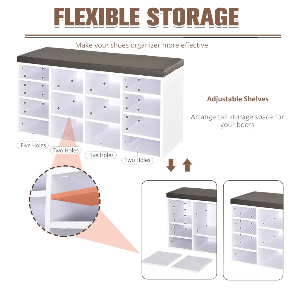 PU Leather Shoe Storage Bench - 14 Compartments, Brown and White
