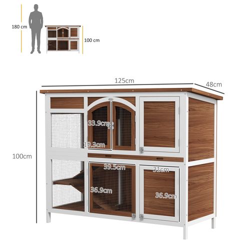 Two-Tier Wooden Rabbit Hutch w/ Openable Roof, Slide-Out Tray, Ramp
