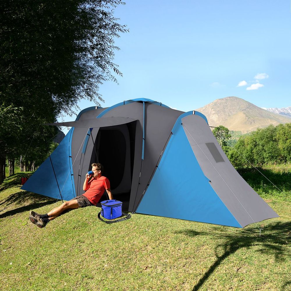 4-6 Man Camping Tent with 2 Bedroom and Living Area, Grey and Blue