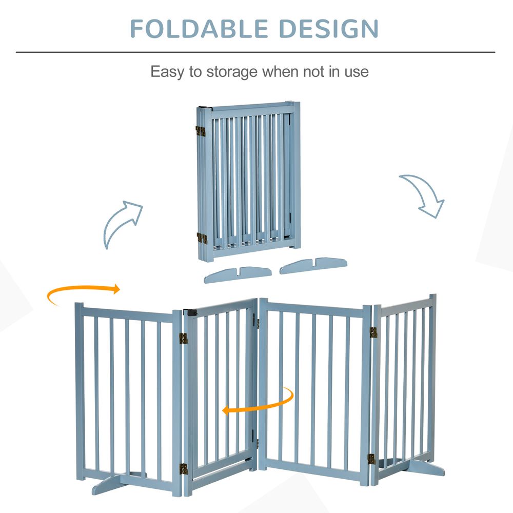 Freestanding Pet Gate for Small and Medium Dogs, Wooden Foldable Dog Safety Barrier with 4 Panels, 2 Support Feet, 80 cm Tall for Doorways, Stairs Blue-grey