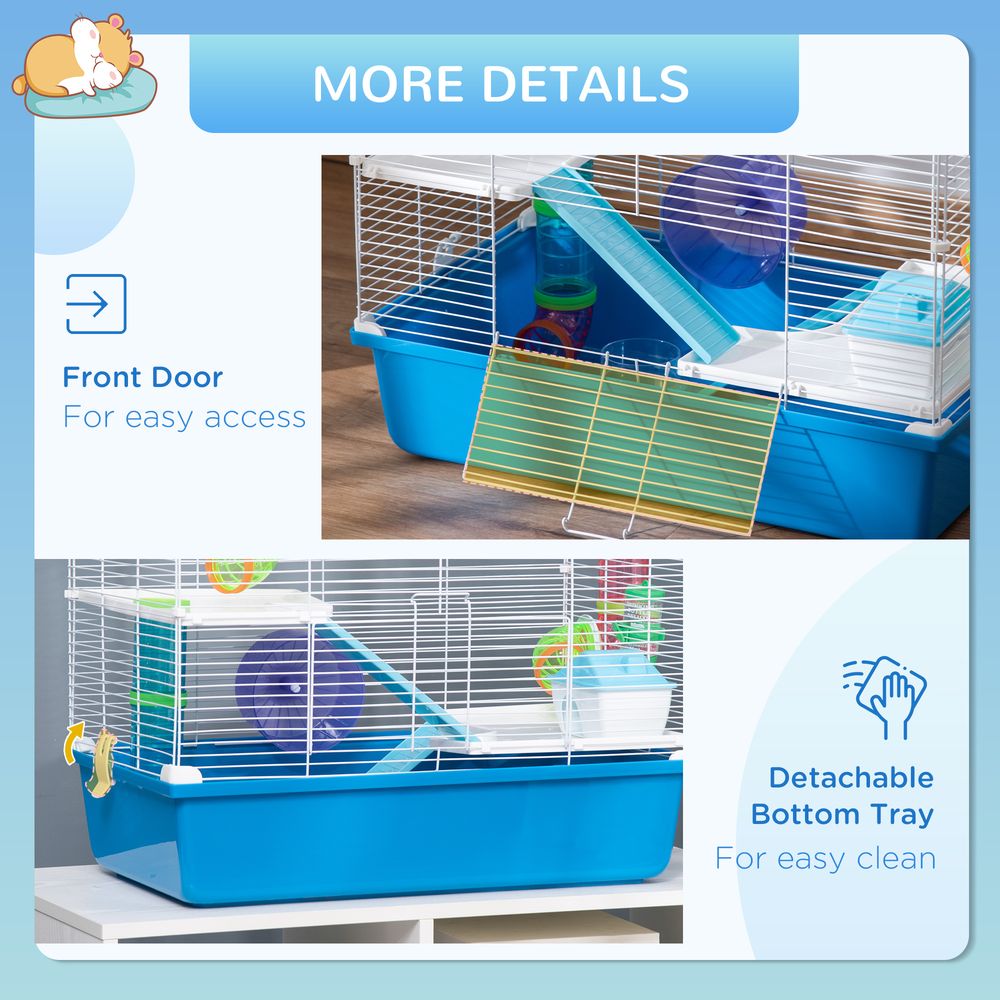Hamster Cage with Tubes Tunnel 3 Level Rodent House with Exercise Wheel, Water Bottle, Food Dish, Ramp, Hut 59 x 36 x 47 cm- Blue