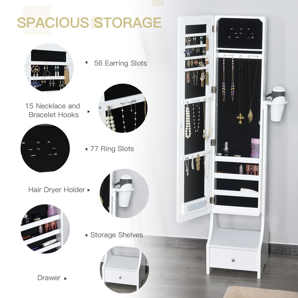 Jewellery Cabinet, Full Length Mirror with Storage, Free Standing Mirror with LED Lights, Hooks, Drawer and Hairdryer Holder for Bedroom, White