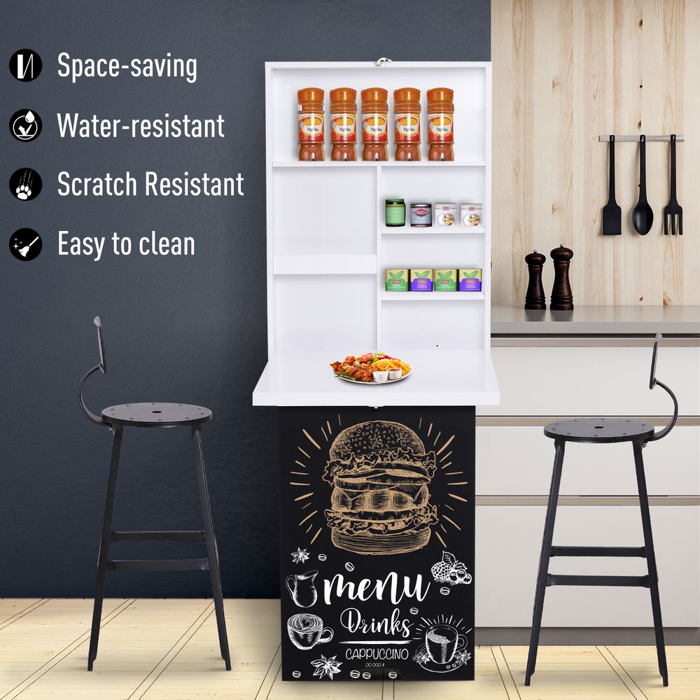 Space-Saving White Wall-Mounted Desk - Fold-Out Convertible Office Table with Chalkboard Shelf
