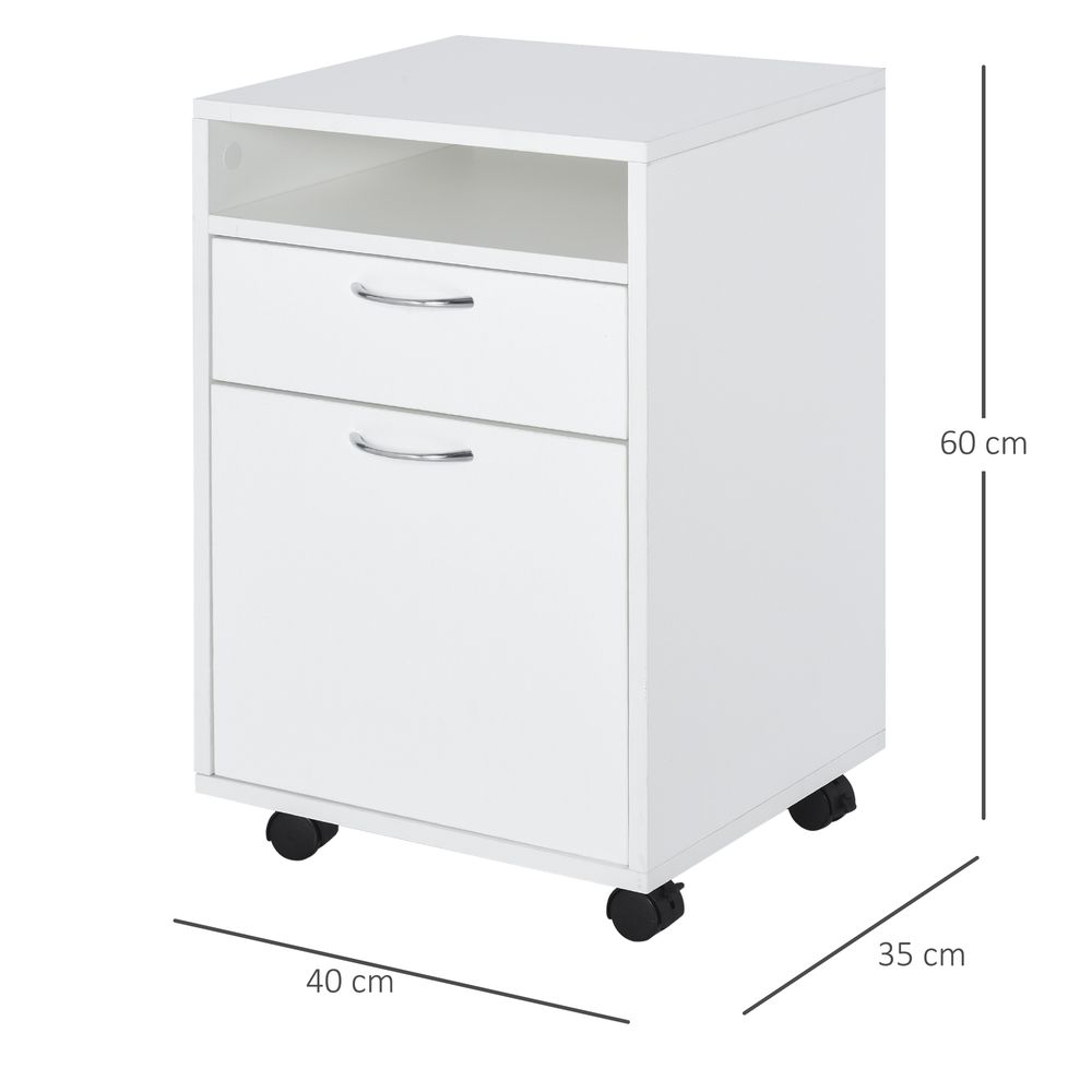 60cm Storage Cabinet w/Drawer Open Shelf Metal Handles 4 Wheels Office Home Organiser Mobile Printer White