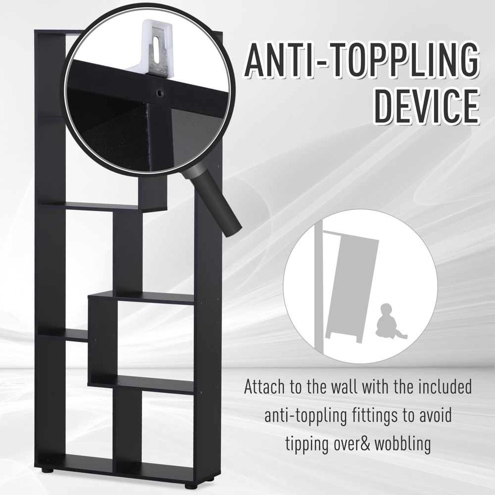 178cm 8-Shelf Bookcase Melamine Black Foot Pads - Multipurpose 8-Grid