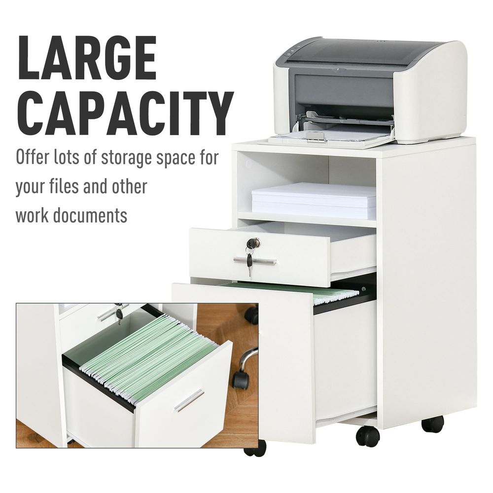 Mobile File Cabinet Lockable Storage Unit Cupboard for A4 Letter Home Filing Furniture for Office, Bedroom and Living Room, 39x40x65cm, White