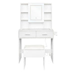 White, hemp surface particle board with triamine, 2 drawers and 4 shelves, dressing table set, LED three-color dimming touch mirror, with power strip, hair dryer holder, glass table top