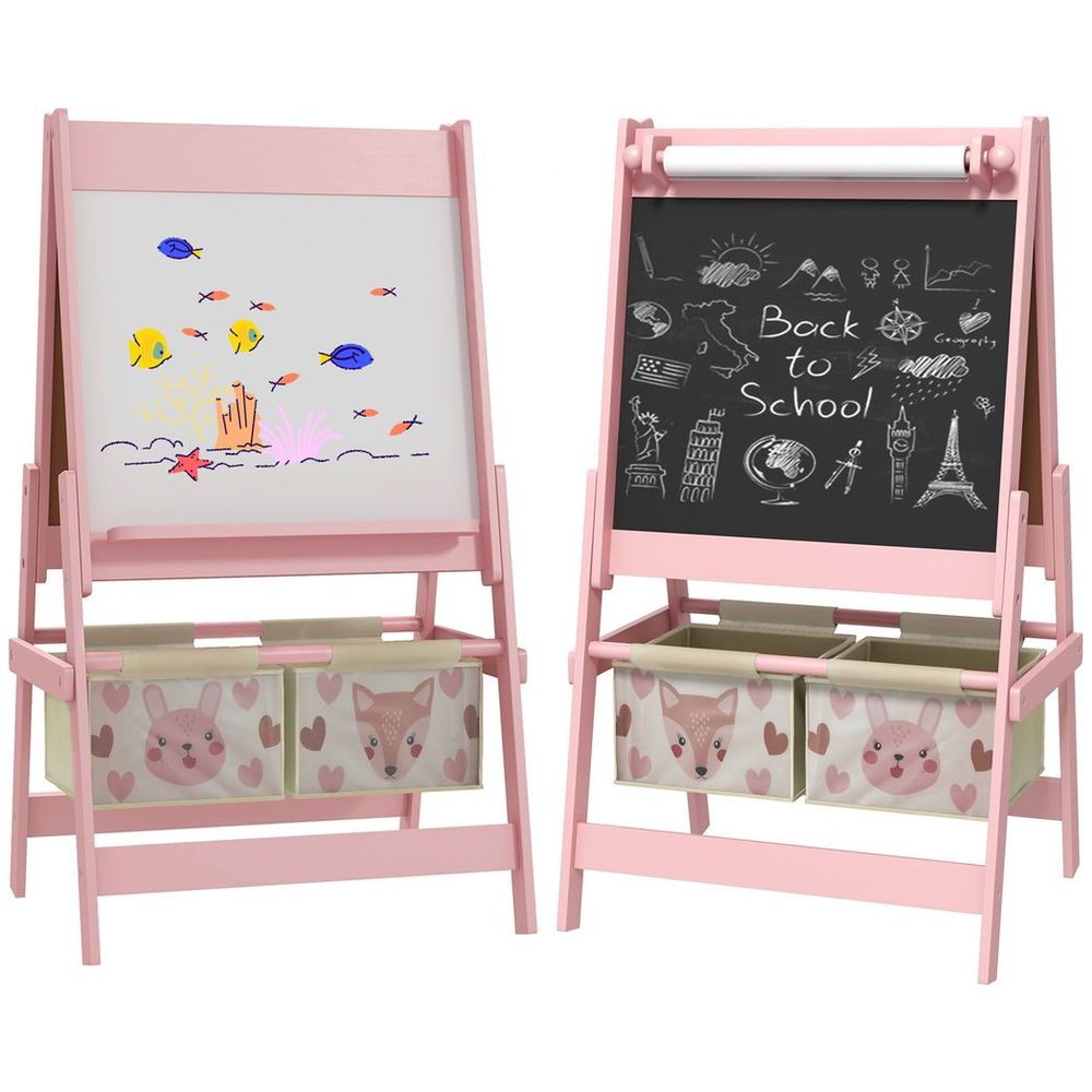 Kids Easel with Paper Roll, 3 in 1 Art Easel for Children, with Blackboard, Whiteboard, Storage Baskets, Pink