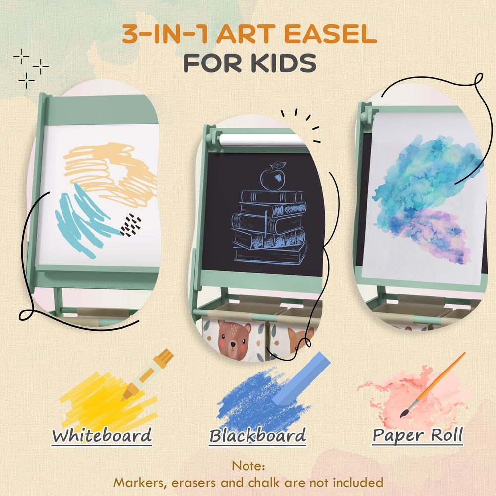 Kids Easel with Paper Roll, 3 in 1 Art Easel for Children, with Blackboard, Whiteboard, Storage Baskets, Green