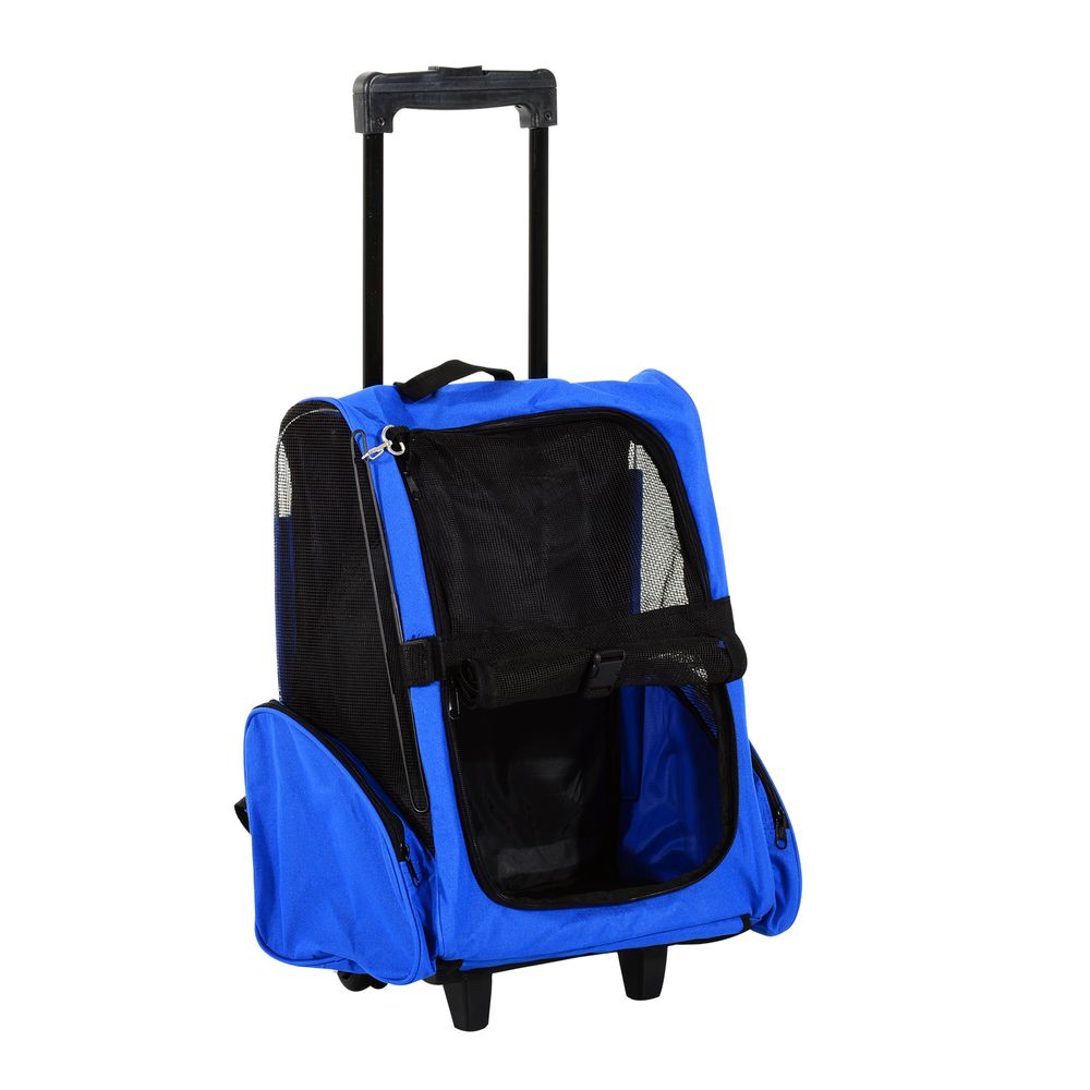 Pet Travel Backpack Bag Cat Puppy Dog Carrier w/ Trolley and Telescopic Handle Portable Stroller Wheel Luggage Bag (Blue)