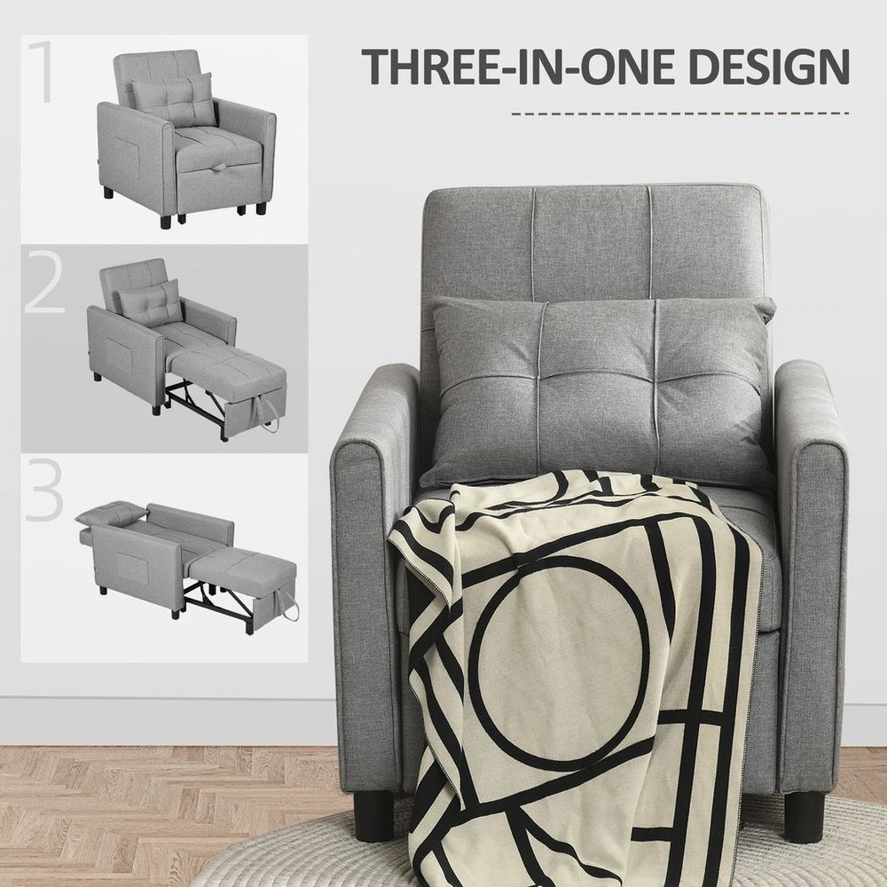 Pull Out Chair Bed, Sleeper Chair with Pillow, Side Pockets, Light Grey - Comfortable, Convenient, Space-Saving
