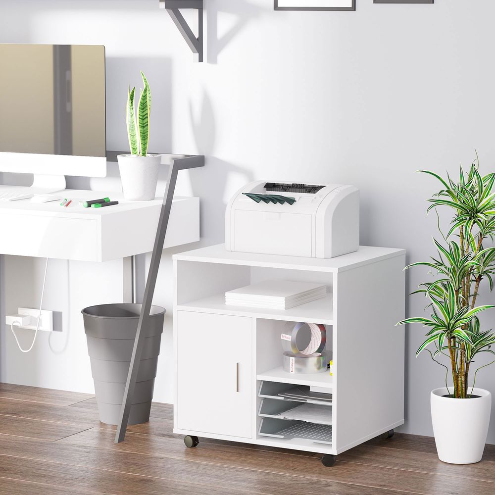 5-Compartment White Printer Stand with Storage