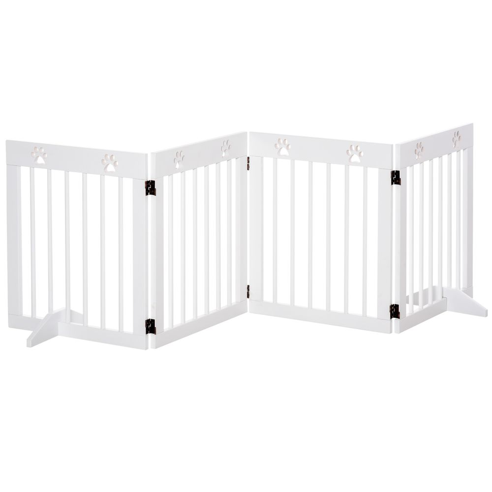 Freestanding Pet Gate 4 Panel Wooden Dog Barrier Folding Safety Fence with Support Feet up to 204cm Long 61cm Tall for Doorway Stairs White