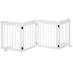 Freestanding Pet Gate 4 Panel Wooden Dog Barrier Folding Safety Fence with Support Feet up to 204cm Long 61cm Tall for Doorway Stairs White