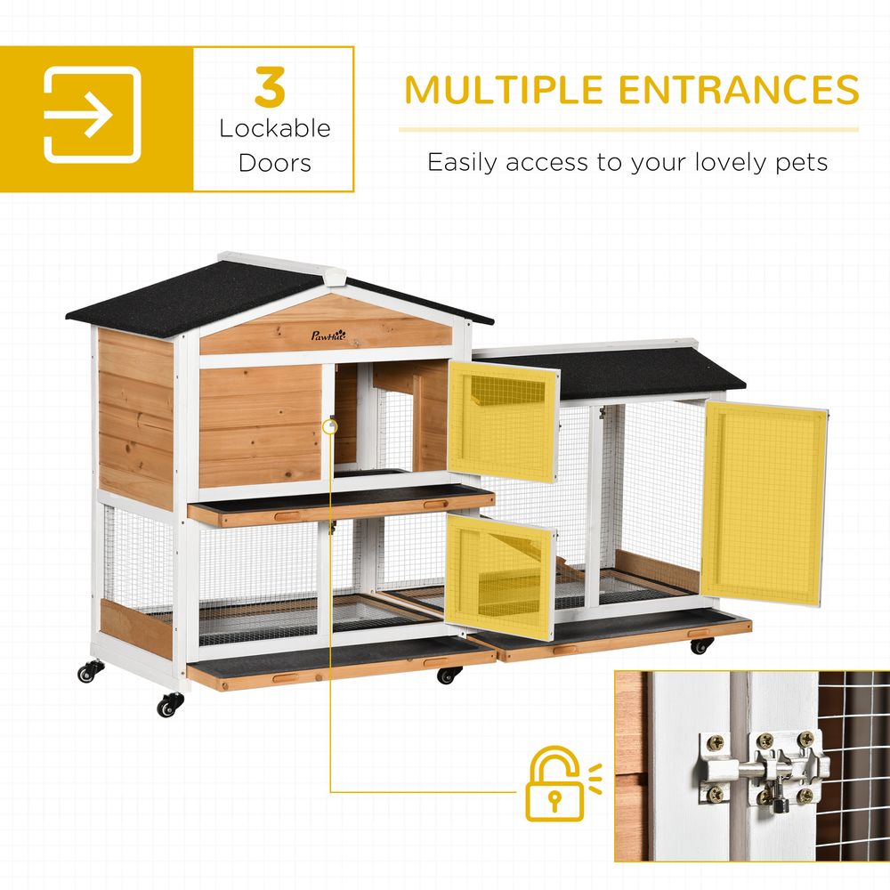 Rabbit Hutch Outdoor with Run Guinea Hutch 2-Tier Bunny Cage w/Wheels No-Leak Plastic Tray 157.4 x 53 x 99.5 cm - Yellow