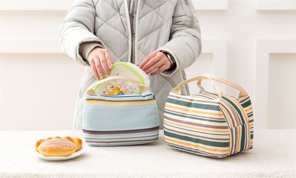 Insulated Striped Canvas Thermal Lunch Bag Reusable Portable Cooler Bag Lightweight Convenient Foldable for Work School Picnic Office Adults & Kids