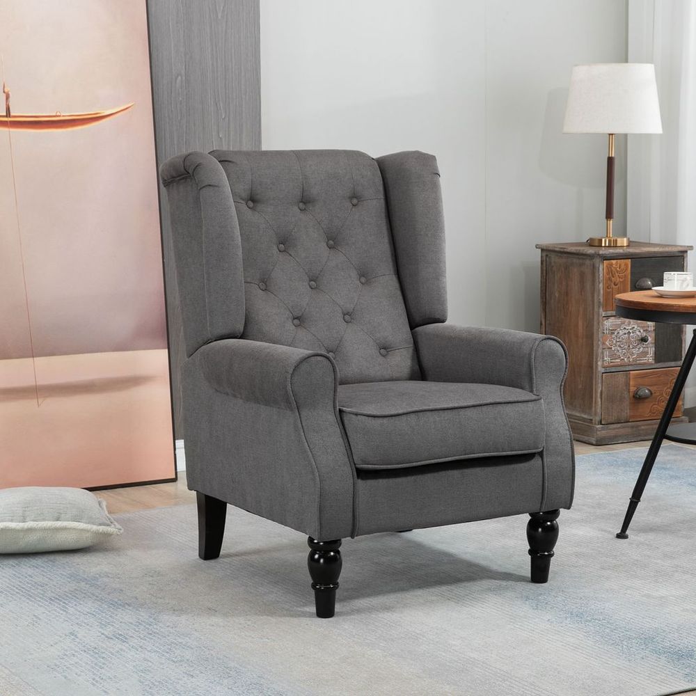 Wood Frame Accent Armchair - Retro Tufted Club Chair - Dark Grey Fabric - Home Furniture