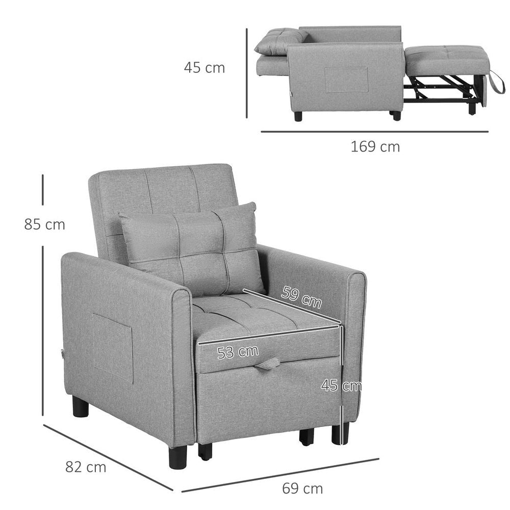 Pull Out Chair Bed, Sleeper Chair with Pillow, Side Pockets, Light Grey - Comfortable, Convenient, Space-Saving