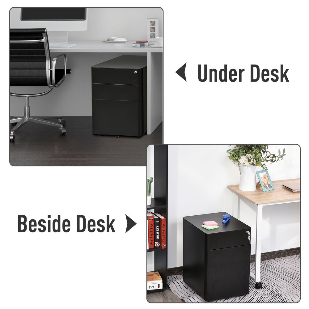 3 Draw Metal Filing Cabinet Lockable 4 Wheel Compact Under Desk Black