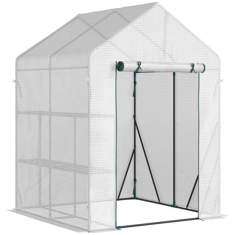 Greenhouse for Outdoor, Gardening 2 Tier Shelf, PE Cover, 143x143x195cm, Green in Green