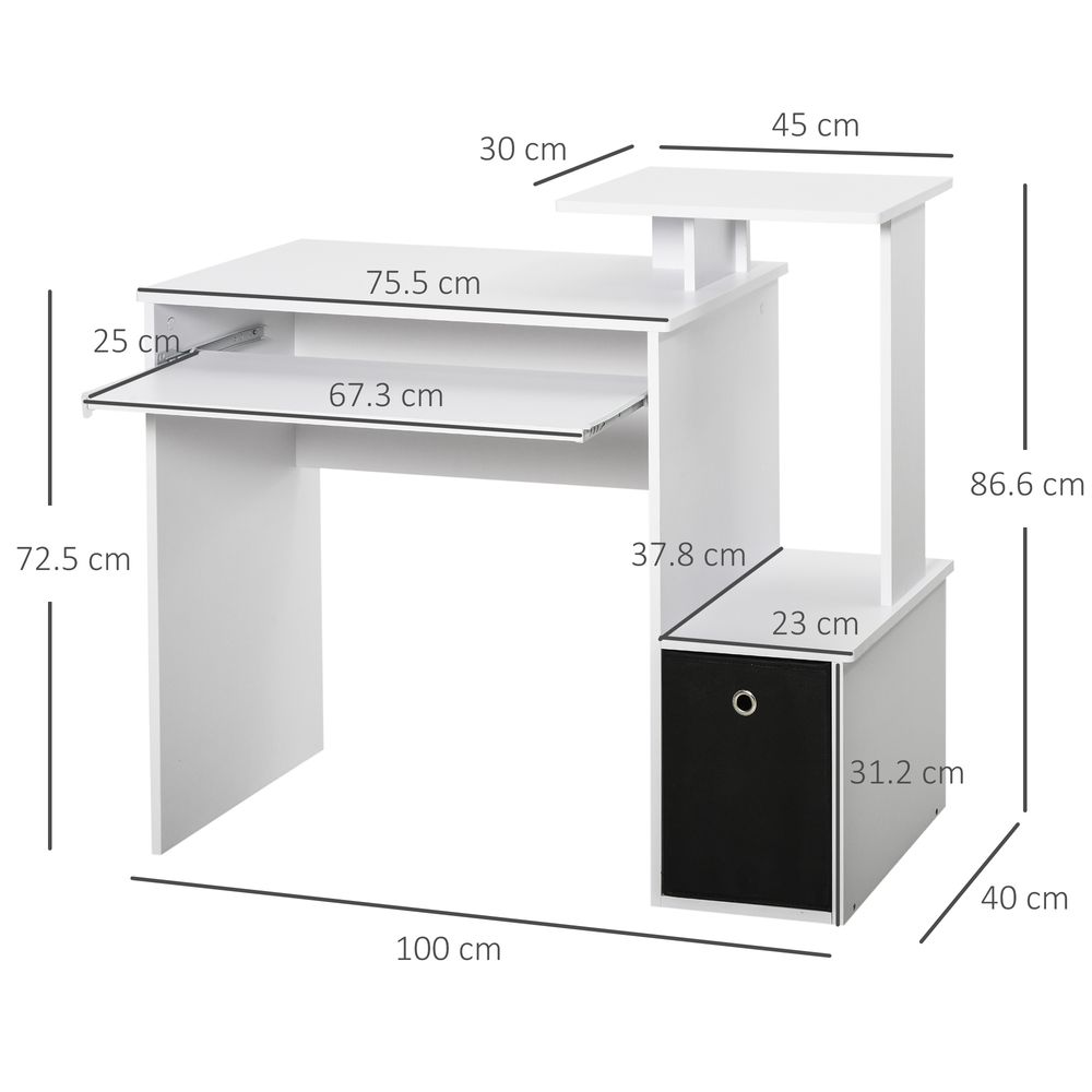 White Computer Desk w/ Drawer, Shelf & Sliding Keyboard Tray - Unique Design!