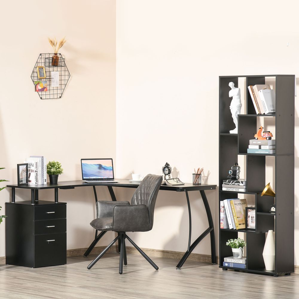L-Shaped Computer Desk Table with Storage Drawer Home Office Corner Industrial Style Workstation for A4 Files 143.5 x 143.5 x 76cm, Black