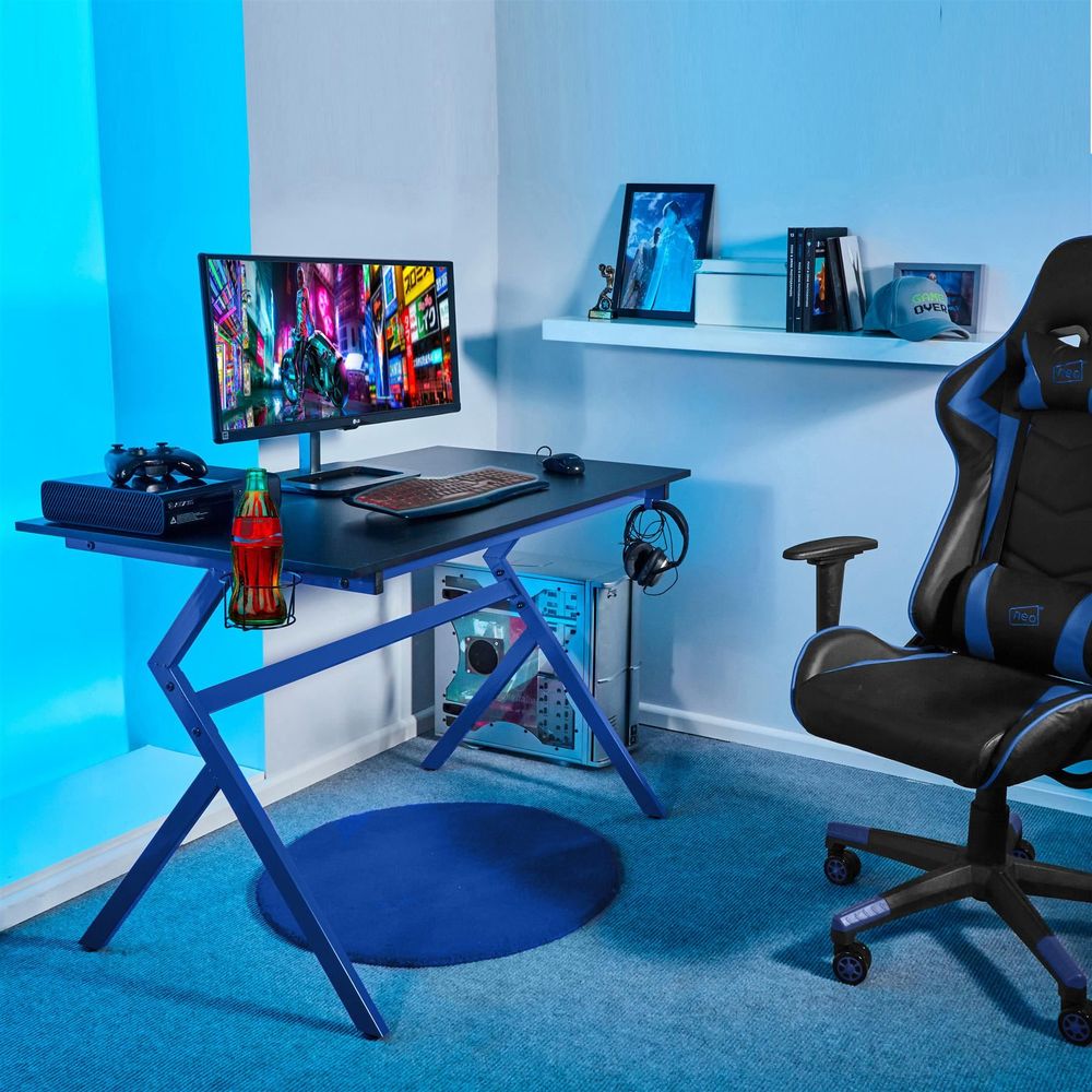 Ergonomic Gaming Desk with Headphone Hook BLUE