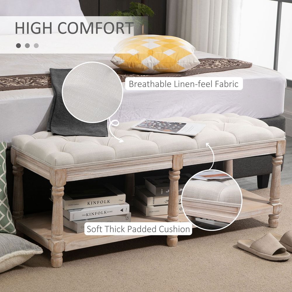 2-Tier Bed End Bench, Vintage Stool, Wooden Window Seat with Storage Shelf, Button Tufted Upholstered Footstool for Living Room, Bedroom, Entryway, Cream White