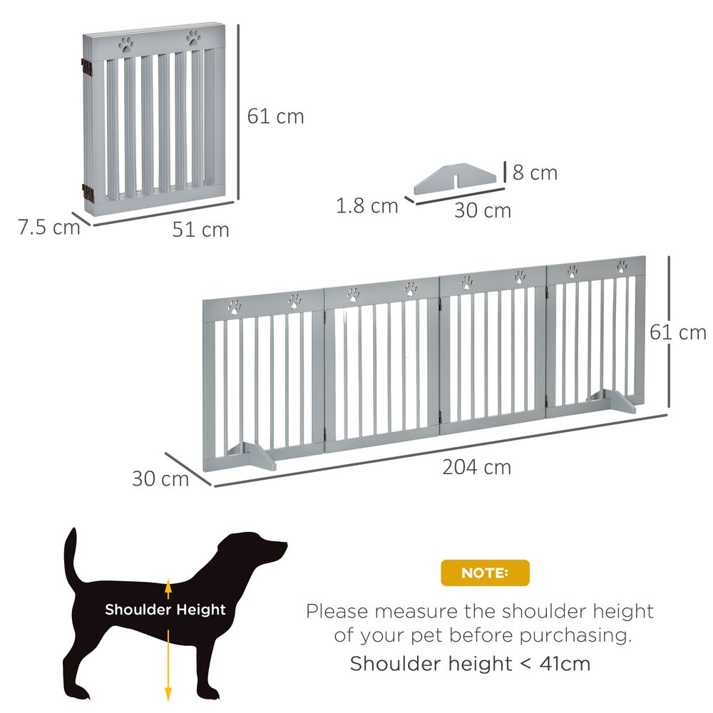 Dog Barrier 4-Piece 204 x 61 cm Foldable Door Safety Gate with 2 Support Feet, Freestanding Dog Gate, Wooden Stair Gate for Hallway, Stairs, Light Grey