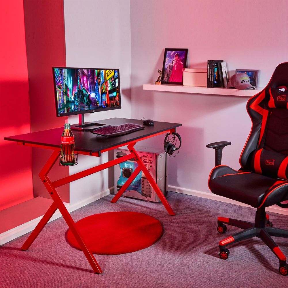 Ergonomic Gaming Desk with Headphone Hook RED
