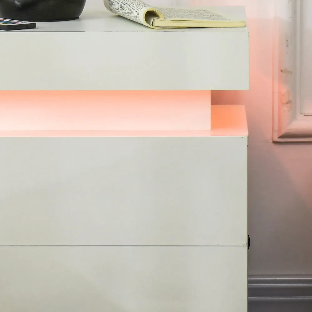 White Bedside Table, High Gloss Front Nightstand w/ LED Light, 2 Drawers