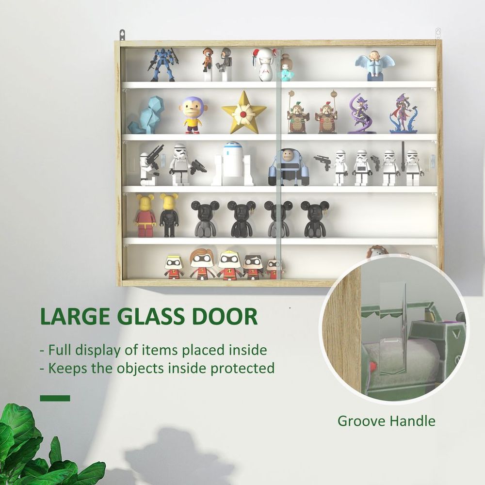 5-Tier Wall Display Shelf Unit Cabinet w/ Shelves Glass Doors Natural