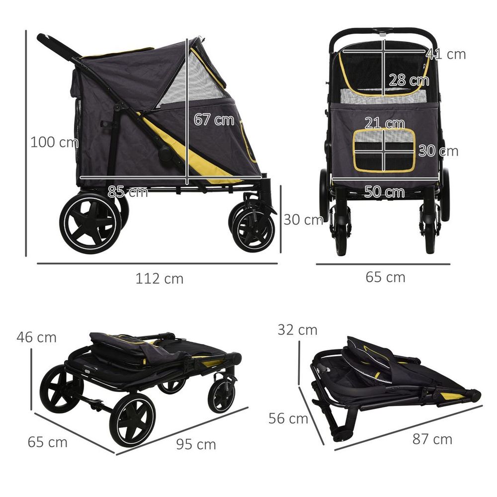 Foldable Dog Carriage w/ Universal Wheels, Shock Absorber - Grey