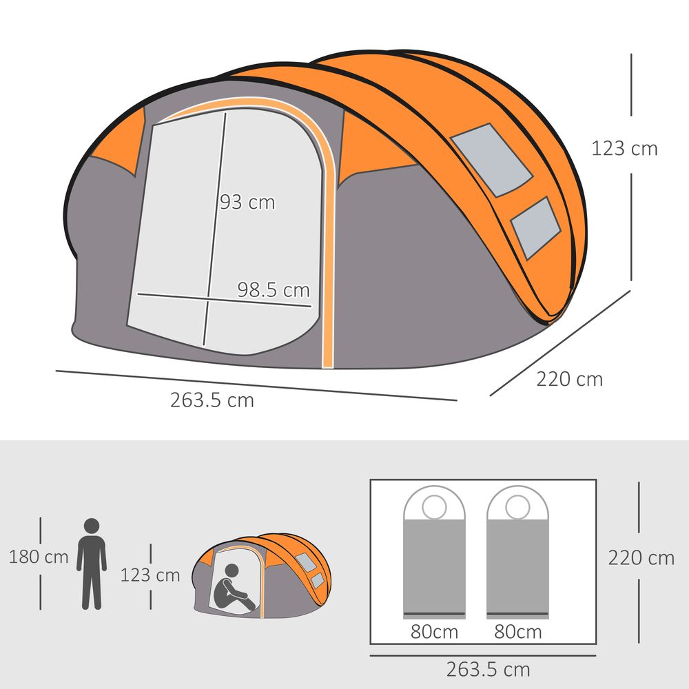 Lightweight 4-5 Person Camping Tent - Pop-Up Dome with Windows - Orange