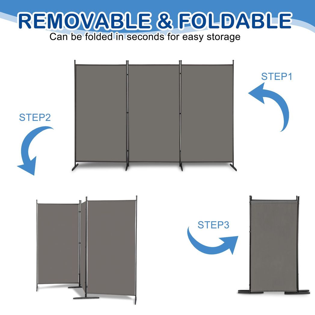 Steel Frame Folding Screen - Grey, 3 Panels
