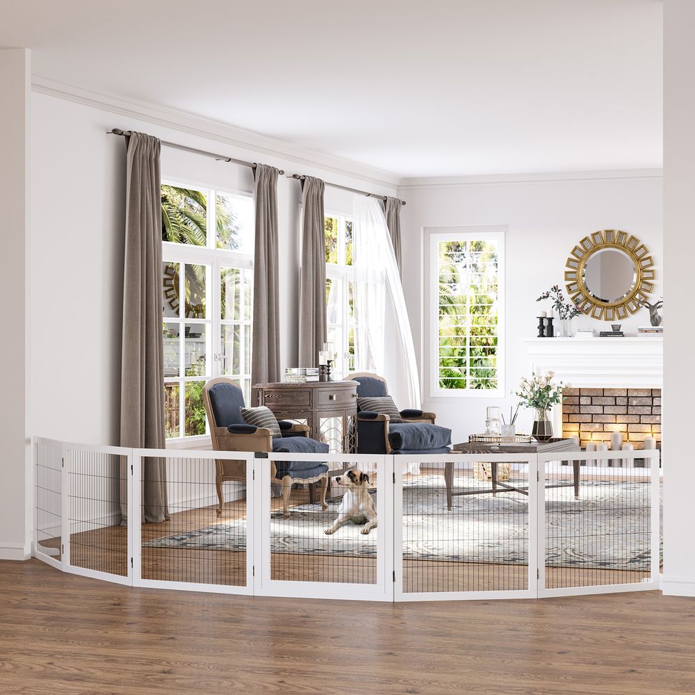 Freestanding Pet Gate, 6 Panel Foldable Playpen, Wooden Dog Gate with 2 Support Feet, for Stairs, Doorway - White