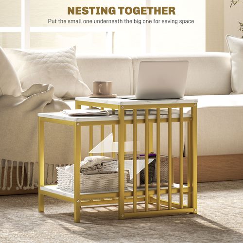 Modern Coffee Table Set of Two w/ Steel Frame Marble-Effect