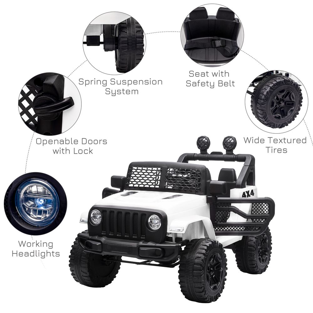 Kids Electric Ride On Car 12V Off Road Toy with Parental Remote Control 2 Motors Horn Lights Suspension Wheels for 3-6 Years Old White