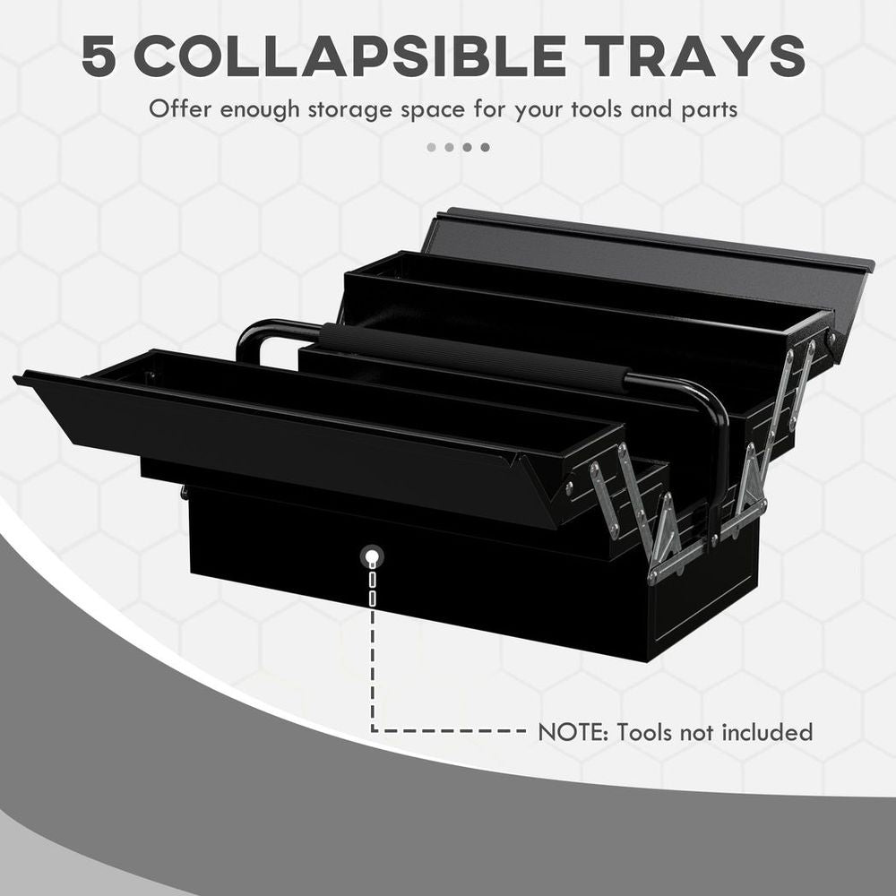 3 Tier Metal Toolbox with 5 Tray Carry Handle 45cmx22.5cmx34.5cm Black