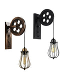 Retro Industrial Pulley Wheel Wall Light Fixture Metal Cage Indoor Light