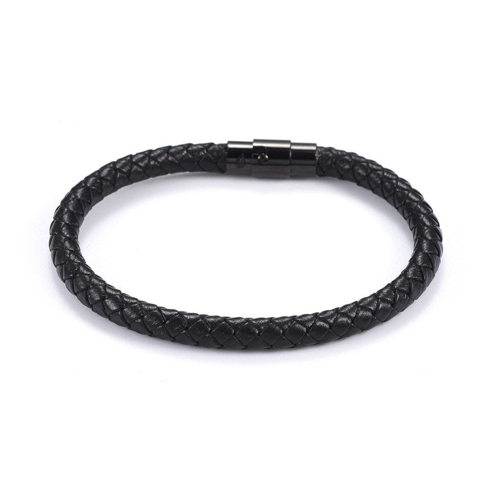 Men's Black Leather Rope Bracelet - Trendy Stainless Clasp - Gift for Him