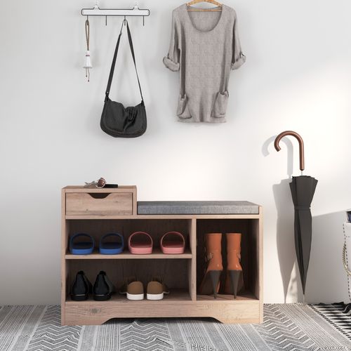 Upholstered Entryway Shoe Bench with Storage Drawer Distressed
